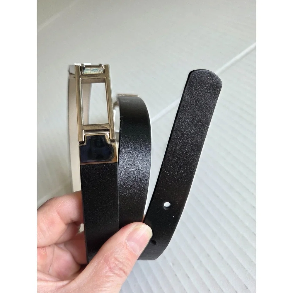 Ellen Tracy Womens Belt Genuine Leather Black Silver Tone Brackets Buckle  XL